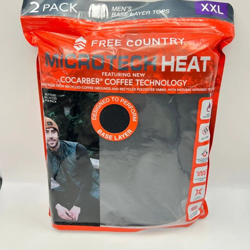 Free Country Mens Microtech Heat 2 Pack Base Layer Tops Black XXL H40MB4536-2S